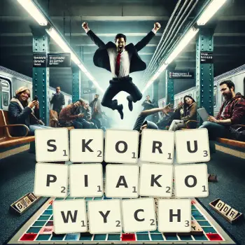 Kreatywna ilustracja do gry w Scrabble ze słowem SKORUPIAKOWYCH ułożonym z płytek na planszy.