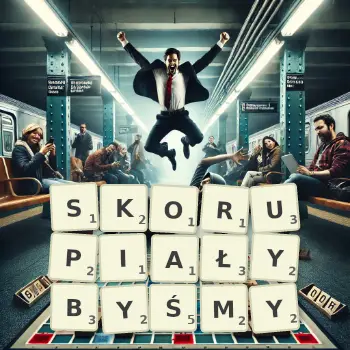 Kreatywna ilustracja do gry w Scrabble ze słowem SKORUPIAŁYBYŚMY ułożonym z płytek na planszy.