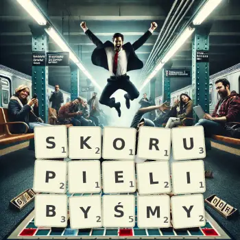 Kreatywna ilustracja do gry w Scrabble ze słowem SKORUPIELIBYŚMY ułożonym z płytek na planszy.