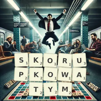 Kreatywna ilustracja do gry w Scrabble ze słowem SKORUPKOWATYM ułożonym z płytek na planszy.