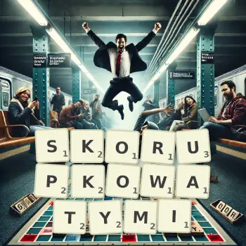 Kreatywna ilustracja do gry w Scrabble ze słowem SKORUPKOWATYMI ułożonym z płytek na planszy.