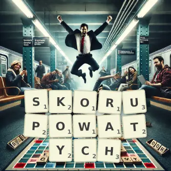 Kreatywna ilustracja do gry w Scrabble ze słowem SKORUPOWATYCH ułożonym z płytek na planszy.