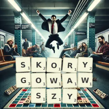 Kreatywna ilustracja do gry w Scrabble ze słowem SKORYGOWAWSZY ułożonym z płytek na planszy.
