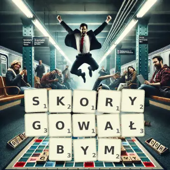 Kreatywna ilustracja do gry w Scrabble ze słowem SKORYGOWAŁBYM ułożonym z płytek na planszy.