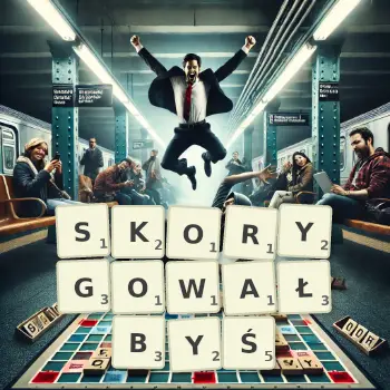 Kreatywna ilustracja do gry w Scrabble ze słowem SKORYGOWAŁBYŚ ułożonym z płytek na planszy.