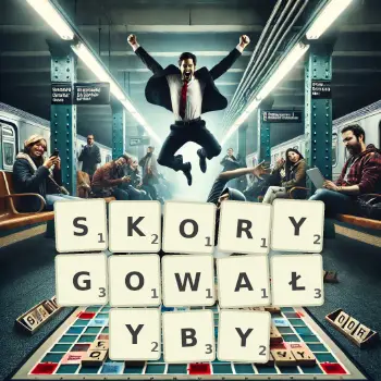 Kreatywna ilustracja do gry w Scrabble ze słowem SKORYGOWAŁYBY ułożonym z płytek na planszy.