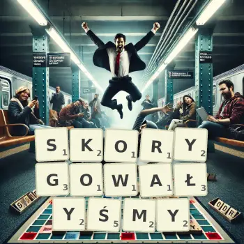 Kreatywna ilustracja do gry w Scrabble ze słowem SKORYGOWAŁYŚMY ułożonym z płytek na planszy.