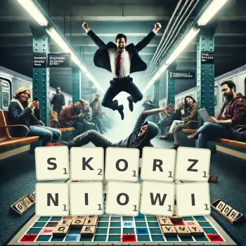 Kreatywna ilustracja do gry w Scrabble ze słowem SKORZNIOWI ułożonym z płytek na planszy.