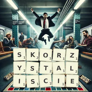 Kreatywna ilustracja do gry w Scrabble ze słowem SKORZYSTALISCIE ułożonym z płytek na planszy.