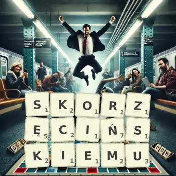 Kreatywna ilustracja do gry w Scrabble ze słowem SKORZĘCIŃSKIEMU ułożonym z płytek na planszy.