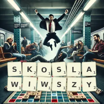Kreatywna ilustracja do gry w Scrabble ze słowem SKOSLAWIWSZY ułożonym z płytek na planszy.