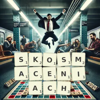 Kreatywna ilustracja do gry w Scrabble ze słowem SKOSMACENIACH ułożonym z płytek na planszy.