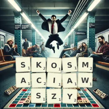 Kreatywna ilustracja do gry w Scrabble ze słowem SKOSMACIAWSZY ułożonym z płytek na planszy.