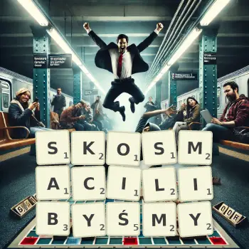 Kreatywna ilustracja do gry w Scrabble ze słowem SKOSMACILIBYŚMY ułożonym z płytek na planszy.