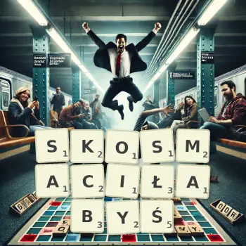 Kreatywna ilustracja do gry w Scrabble ze słowem SKOSMACIŁABYŚ ułożonym z płytek na planszy.
