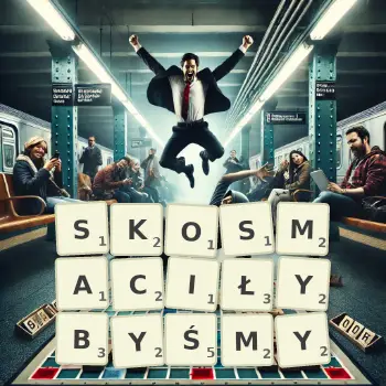 Kreatywna ilustracja do gry w Scrabble ze słowem SKOSMACIŁYBYŚMY ułożonym z płytek na planszy.