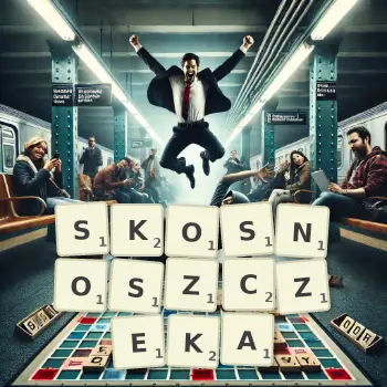 Kreatywna ilustracja do gry w Scrabble ze słowem SKOSNOSZCZEKA ułożonym z płytek na planszy.