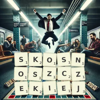 Kreatywna ilustracja do gry w Scrabble ze słowem SKOSNOSZCZEKIEJ ułożonym z płytek na planszy.