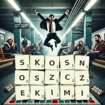 Kreatywna ilustracja do gry w Scrabble ze słowem SKOSNOSZCZEKIMI ułożonym z płytek na planszy.