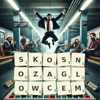 Kreatywna ilustracja do gry w Scrabble ze słowem SKOSNOZAGLOWCEM ułożonym z płytek na planszy.