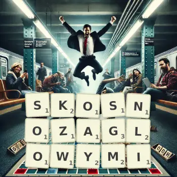 Kreatywna ilustracja do gry w Scrabble ze słowem SKOSNOZAGLOWYMI ułożonym z płytek na planszy.