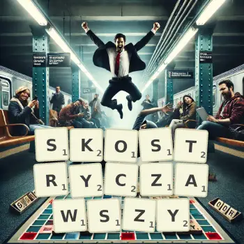 Kreatywna ilustracja do gry w Scrabble ze słowem SKOSTRYCZAWSZY ułożonym z płytek na planszy.
