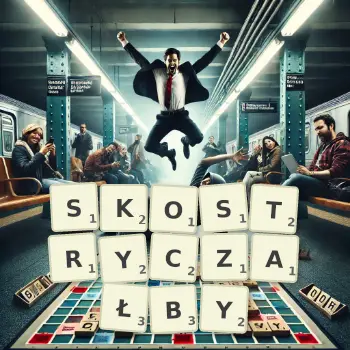 Kreatywna ilustracja do gry w Scrabble ze słowem SKOSTRYCZAŁBY ułożonym z płytek na planszy.