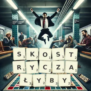 Kreatywna ilustracja do gry w Scrabble ze słowem SKOSTRYCZAŁYBY ułożonym z płytek na planszy.