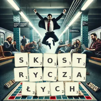 Kreatywna ilustracja do gry w Scrabble ze słowem SKOSTRYCZAŁYCH ułożonym z płytek na planszy.