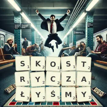 Kreatywna ilustracja do gry w Scrabble ze słowem SKOSTRYCZAŁYŚMY ułożonym z płytek na planszy.