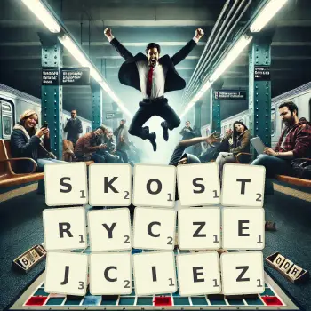 Kreatywna ilustracja do gry w Scrabble ze słowem SKOSTRYCZEJCIEZ ułożonym z płytek na planszy.
