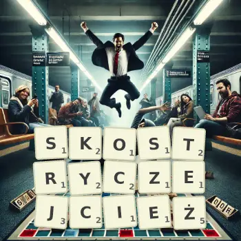 Kreatywna ilustracja do gry w Scrabble ze słowem SKOSTRYCZEJCIEŻ ułożonym z płytek na planszy.