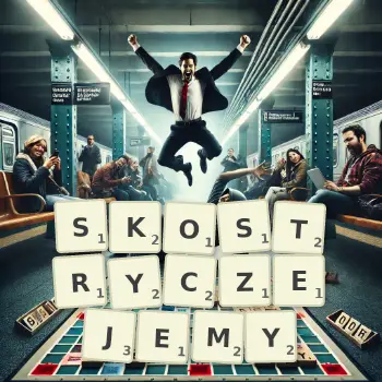 Kreatywna ilustracja do gry w Scrabble ze słowem SKOSTRYCZEJEMY ułożonym z płytek na planszy.