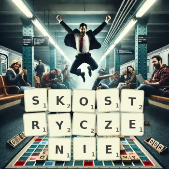 Kreatywna ilustracja do gry w Scrabble ze słowem SKOSTRYCZENIE ułożonym z płytek na planszy.