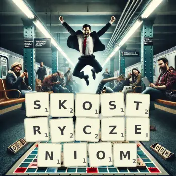 Kreatywna ilustracja do gry w Scrabble ze słowem SKOSTRYCZENIOM ułożonym z płytek na planszy.