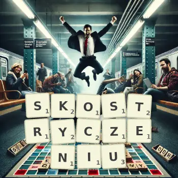 Kreatywna ilustracja do gry w Scrabble ze słowem SKOSTRYCZENIU ułożonym z płytek na planszy.
