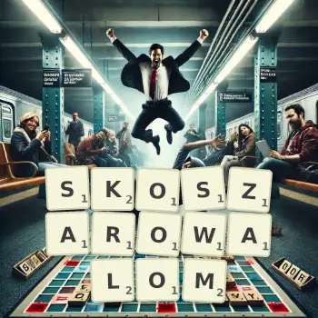 Kreatywna ilustracja do gry w Scrabble ze słowem SKOSZAROWALOM ułożonym z płytek na planszy.