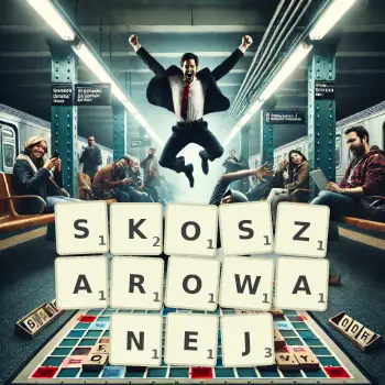 Kreatywna ilustracja do gry w Scrabble ze słowem SKOSZAROWANEJ ułożonym z płytek na planszy.