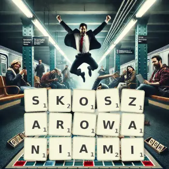 Kreatywna ilustracja do gry w Scrabble ze słowem SKOSZAROWANIAMI ułożonym z płytek na planszy.