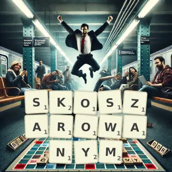 Kreatywna ilustracja do gry w Scrabble ze słowem SKOSZAROWANYM ułożonym z płytek na planszy.