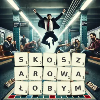 Kreatywna ilustracja do gry w Scrabble ze słowem SKOSZAROWAŁOBYM ułożonym z płytek na planszy.