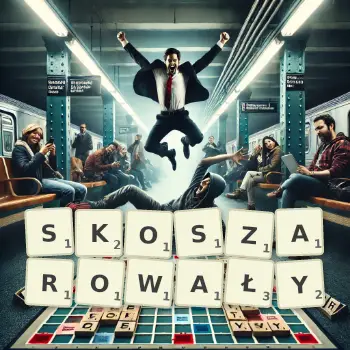 Kreatywna ilustracja do gry w Scrabble ze słowem SKOSZAROWAŁY ułożonym z płytek na planszy.