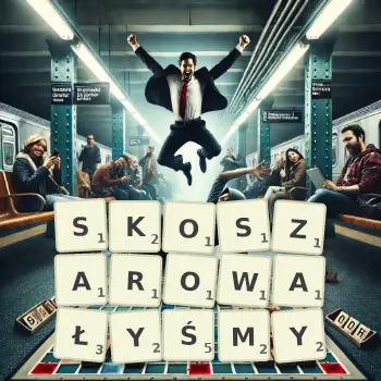 Kreatywna ilustracja do gry w Scrabble ze słowem SKOSZAROWAŁYŚMY ułożonym z płytek na planszy.