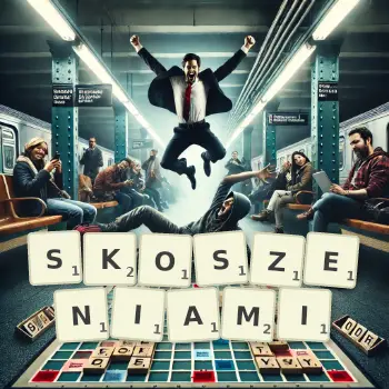 Kreatywna ilustracja do gry w Scrabble ze słowem SKOSZENIAMI ułożonym z płytek na planszy.