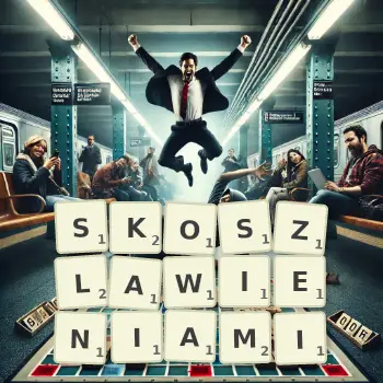 Kreatywna ilustracja do gry w Scrabble ze słowem SKOSZLAWIENIAMI ułożonym z płytek na planszy.