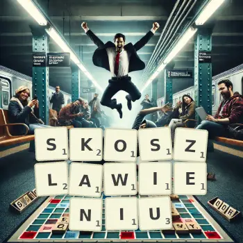 Kreatywna ilustracja do gry w Scrabble ze słowem SKOSZLAWIENIU ułożonym z płytek na planszy.