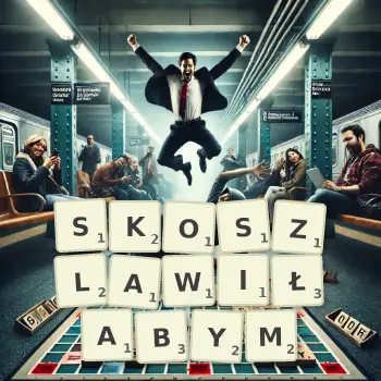 Kreatywna ilustracja do gry w Scrabble ze słowem SKOSZLAWIŁABYM ułożonym z płytek na planszy.