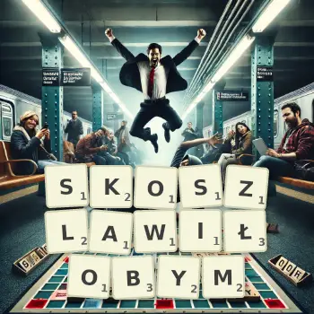 Kreatywna ilustracja do gry w Scrabble ze słowem SKOSZLAWIŁOBYM ułożonym z płytek na planszy.