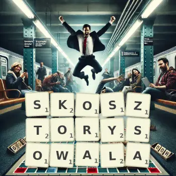 Kreatywna ilustracja do gry w Scrabble ze słowem SKOSZTORYSOWALA ułożonym z płytek na planszy.