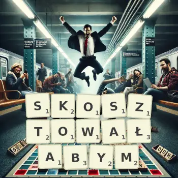 Kreatywna ilustracja do gry w Scrabble ze słowem SKOSZTOWAŁABYM ułożonym z płytek na planszy.